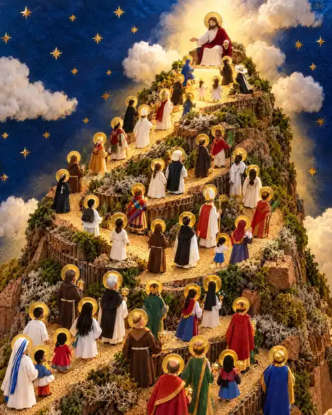 Montaña en espiral de cartón corrugado, corcho y musgo por la que suben santos de todas las épocas (religiosos, obispos, mártires con palmas, madres y niños), todos con aureola, hacia Cristo, sentado en lo alto con túnica blanca y manto rojo, bajo un cielo azul noche con estrellas doradas y nubes de algodón.