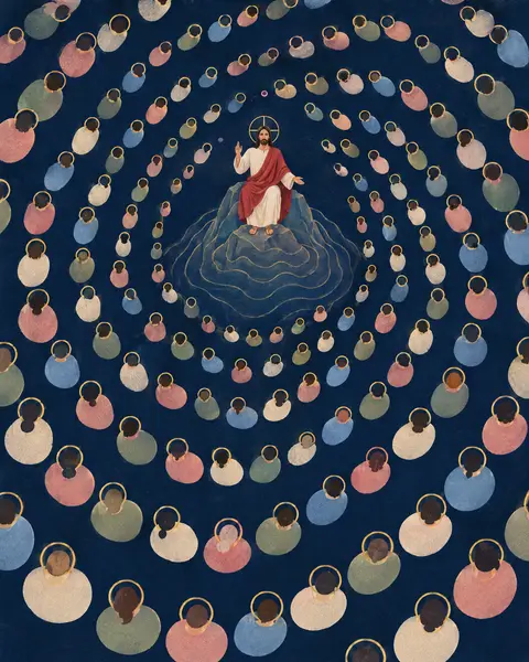 Ilustración plana vista desde arriba: Cristo, con túnica blanca, manto rojo y aureola con cruz, bendice sentado sobre una roca rodeada de agua; a su alrededor gira una espiral de santos con aureola dorada, en círculos de colores suaves, sobre fondo azul noche.