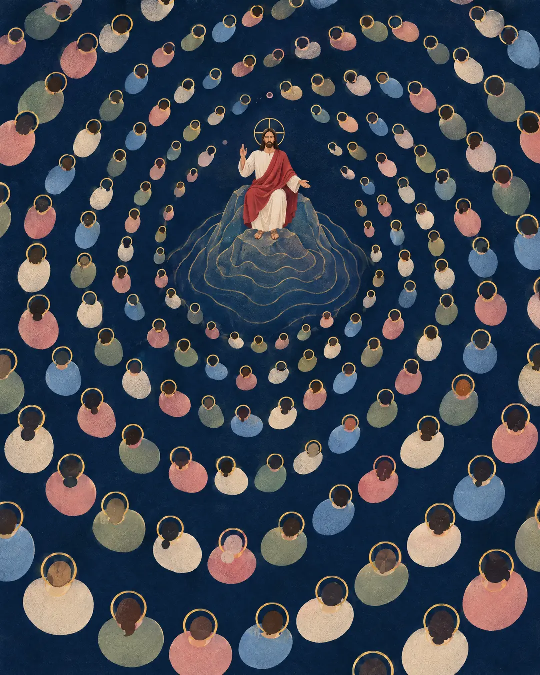 Ilustración plana vista desde arriba: Cristo, con túnica blanca, manto rojo y aureola con cruz, bendice sentado sobre una roca rodeada de agua; a su alrededor gira una espiral de santos con aureola dorada, en círculos de colores suaves, sobre fondo azul noche.