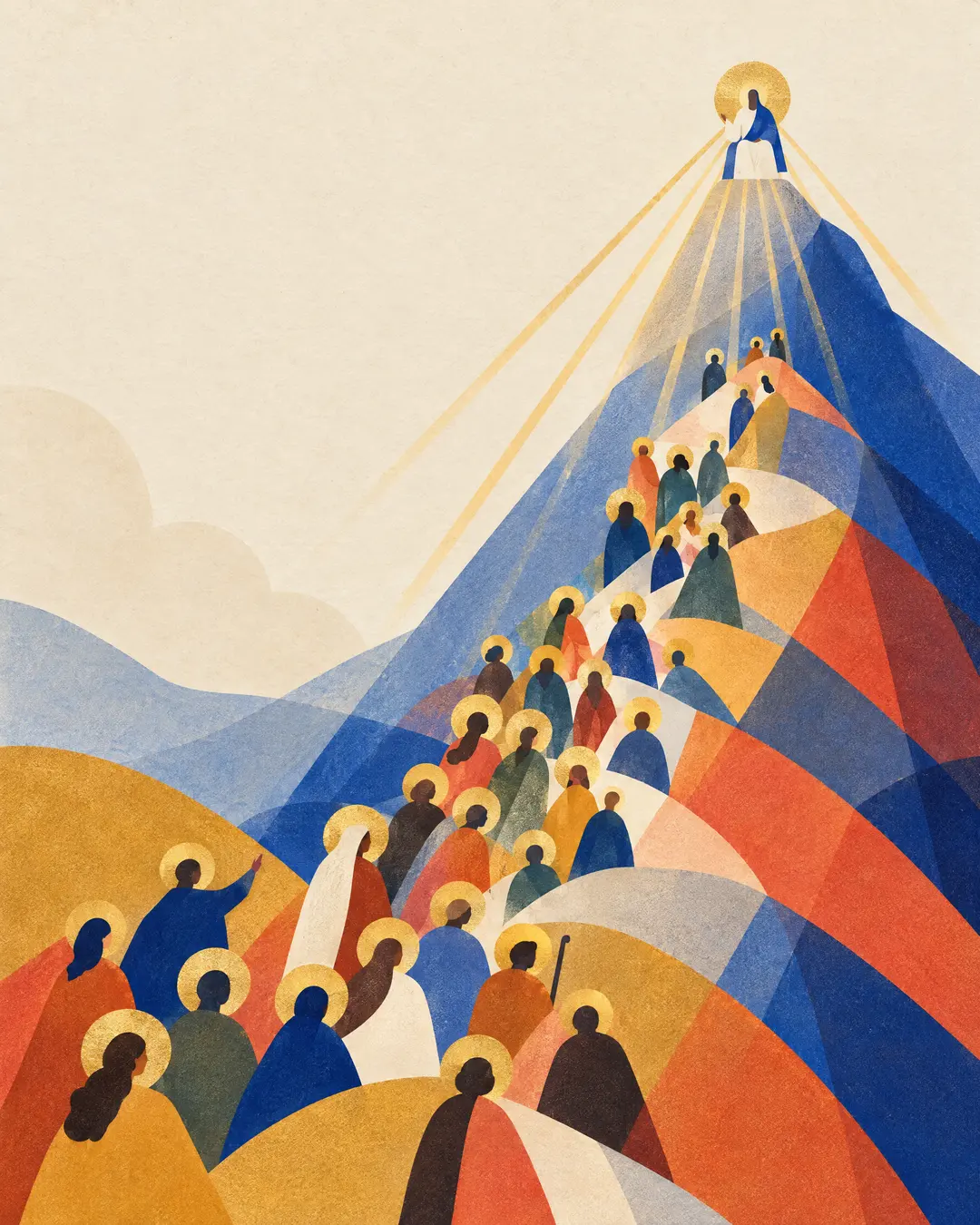 Ilustración editorial de formas geométricas en azul, rojo, ocre y crema: una multitud de santos con aureola dorada sube por la ladera de un monte hacia Cristo, con manto azul, sentado en la cima, de donde bajan rayos de luz dorada.