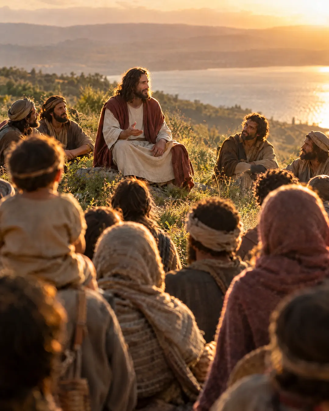 Fotografía realista de estilo cinematográfico al atardecer: Jesús, con túnica blanca y manto rojo, sentado en la ladera de un monte sobre el lago, habla con un grupo de hombres. En primer plano, de espaldas, la gente que escucha: mujeres con velo y un niño sobre los hombros de un adulto.